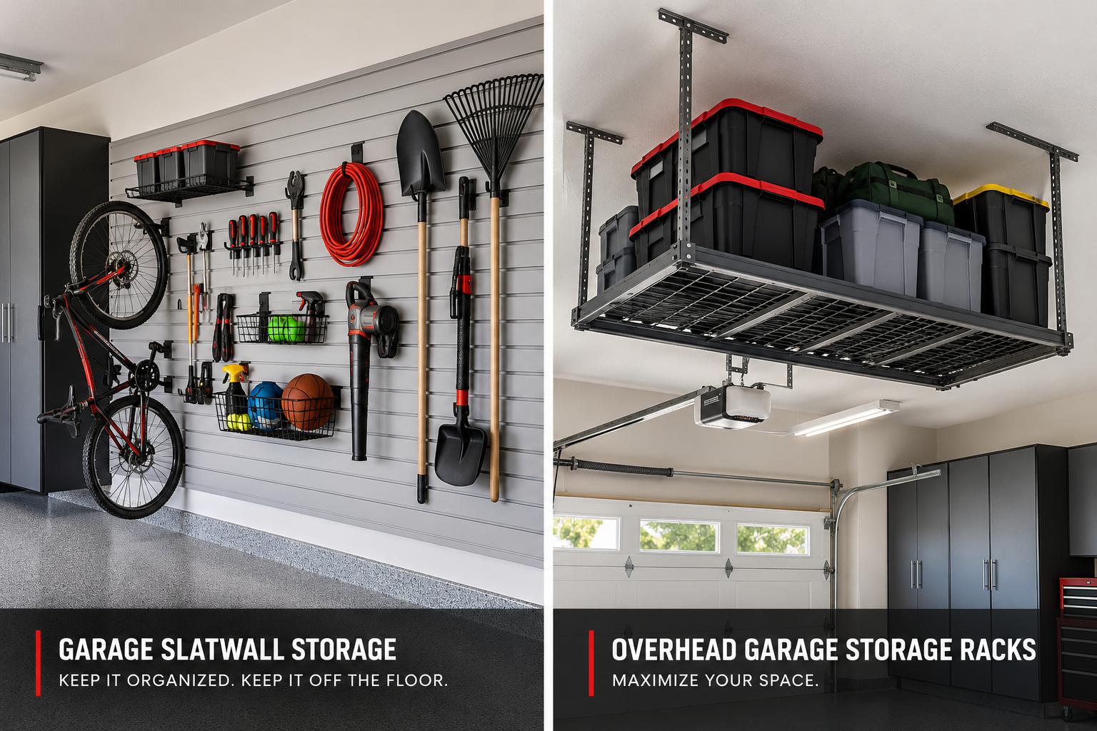 Garage slatwall storage and overhead garage storage racks